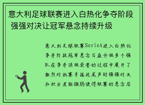 意大利足球联赛进入白热化争夺阶段 强强对决让冠军悬念持续升级