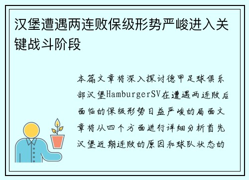 汉堡遭遇两连败保级形势严峻进入关键战斗阶段