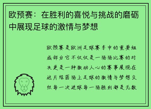 欧预赛：在胜利的喜悦与挑战的磨砺中展现足球的激情与梦想