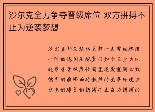 沙尔克全力争夺晋级席位 双方拼搏不止为逆袭梦想