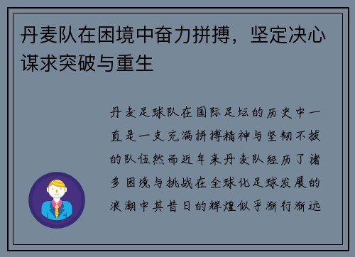 丹麦队在困境中奋力拼搏，坚定决心谋求突破与重生
