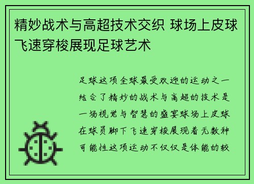 精妙战术与高超技术交织 球场上皮球飞速穿梭展现足球艺术
