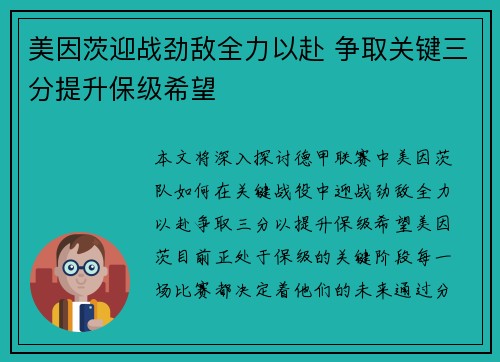 美因茨迎战劲敌全力以赴 争取关键三分提升保级希望