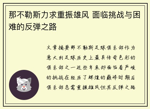 那不勒斯力求重振雄风 面临挑战与困难的反弹之路