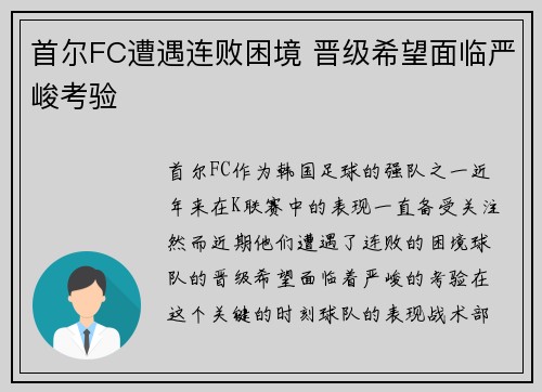 首尔FC遭遇连败困境 晋级希望面临严峻考验