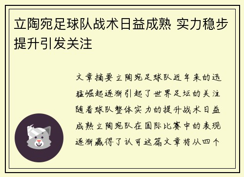 立陶宛足球队战术日益成熟 实力稳步提升引发关注